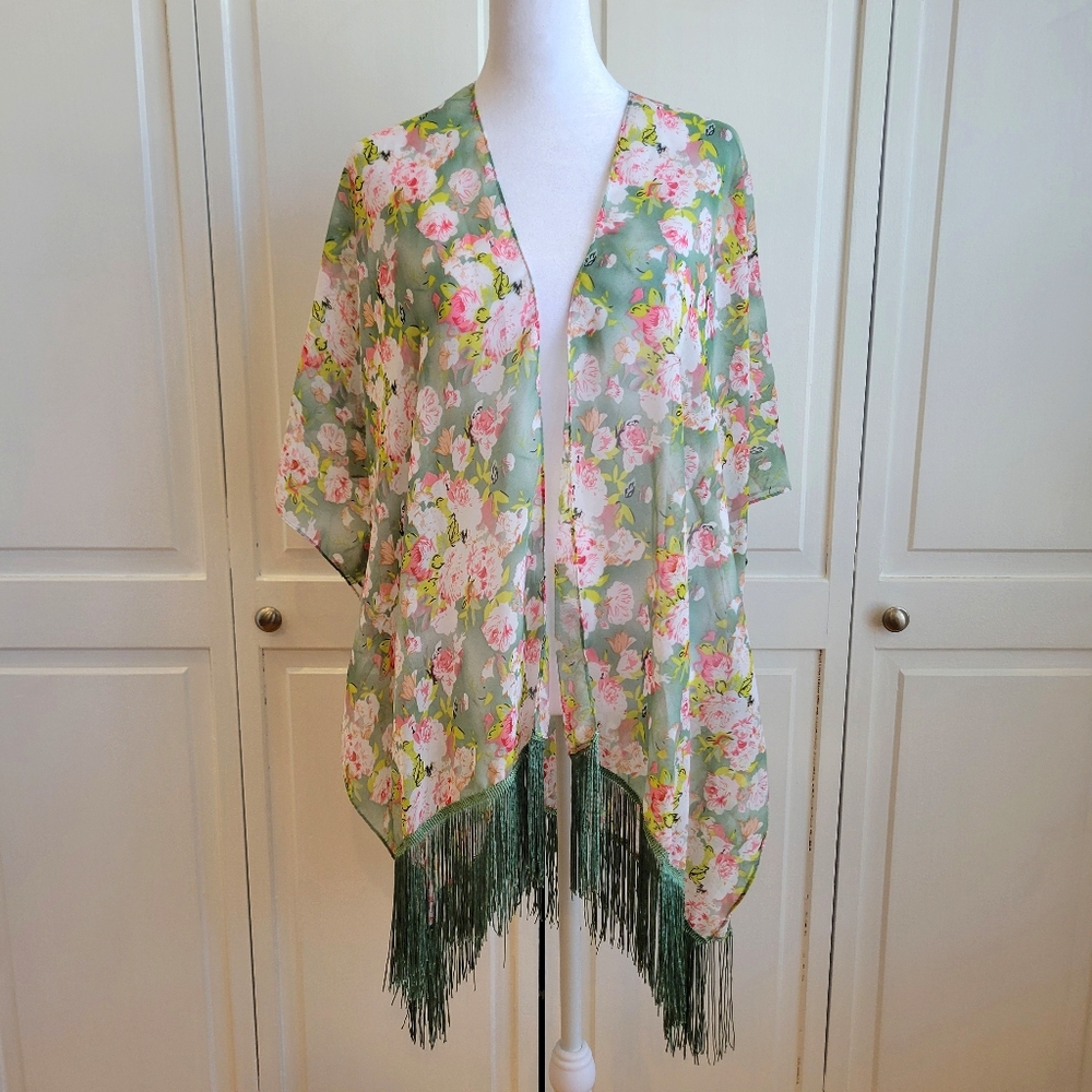 Sheer Floral Green Fringe Kimono Cover-Up